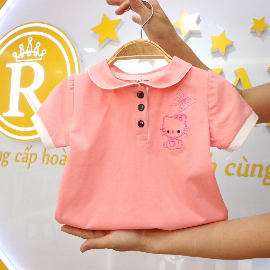 Áo Thun Cotton Cao cấp Cổ Lá sen Màu Hồng hình thêu kitty cho Bé Gái 8-27kg