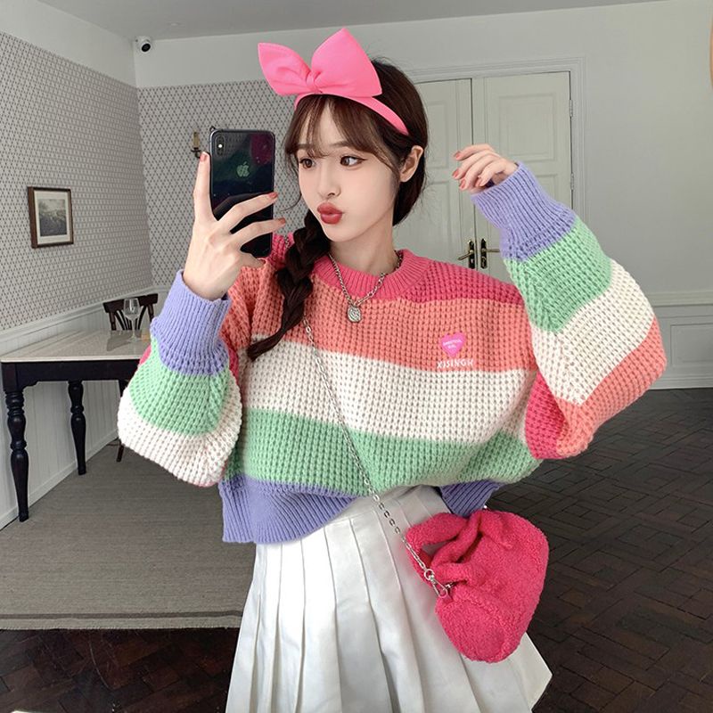 Áo Sweater Tay Dài Kẻ Sọc Màu Sắc Tương Phản Thời Trang Thu Đông Phong Cách Hàn Quốc