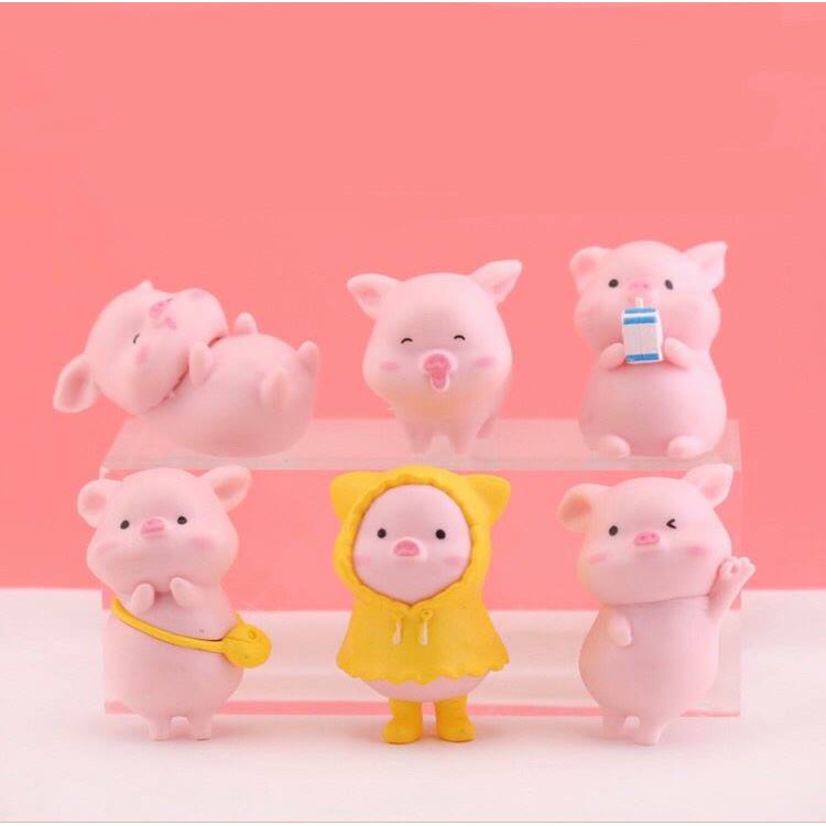 Set 6 mô hình lợn hồng heo hồng để bàn mini biểu cảm ngộ nghĩnh dễ thương trang trí góc học tập, làm việc - Rap