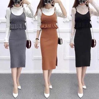 Váy len dài thắt eo xoè giữa hai dây
