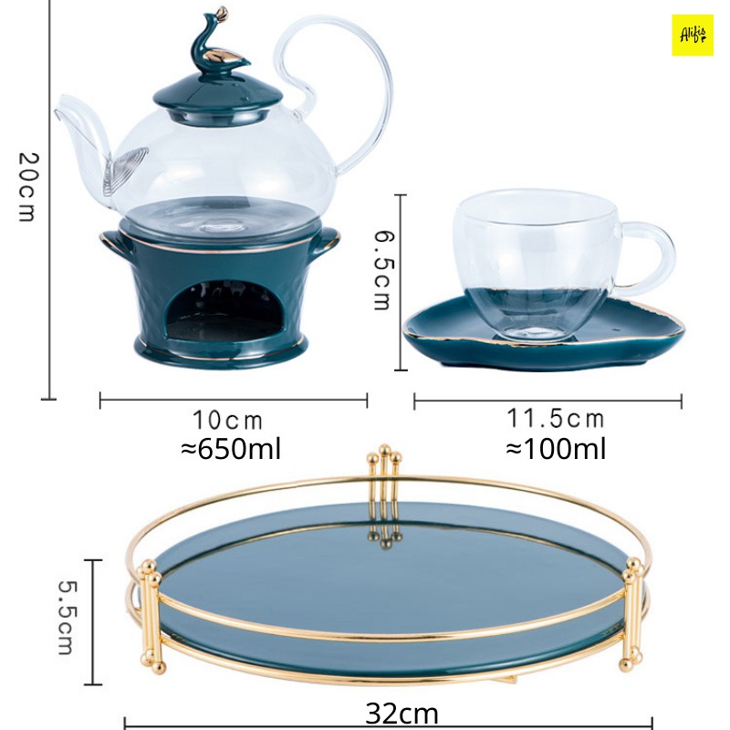 Bộ ấm trà, bộ ấm trà thủy tinh chịu nhiệt cao cấp kèm khay và đế nến - hâm nóng trực tiếp-nắp hình con công sang trọng