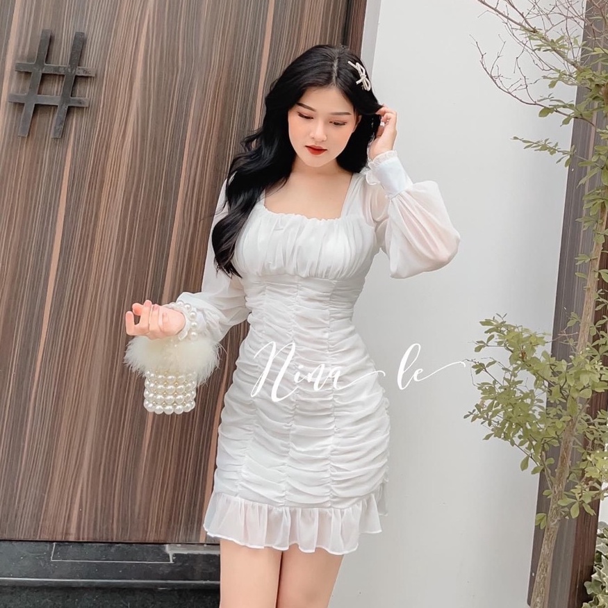 Đầm Body Trắng Dài Tay Dự Tiệc Dáng Nhún Đuôi Cá