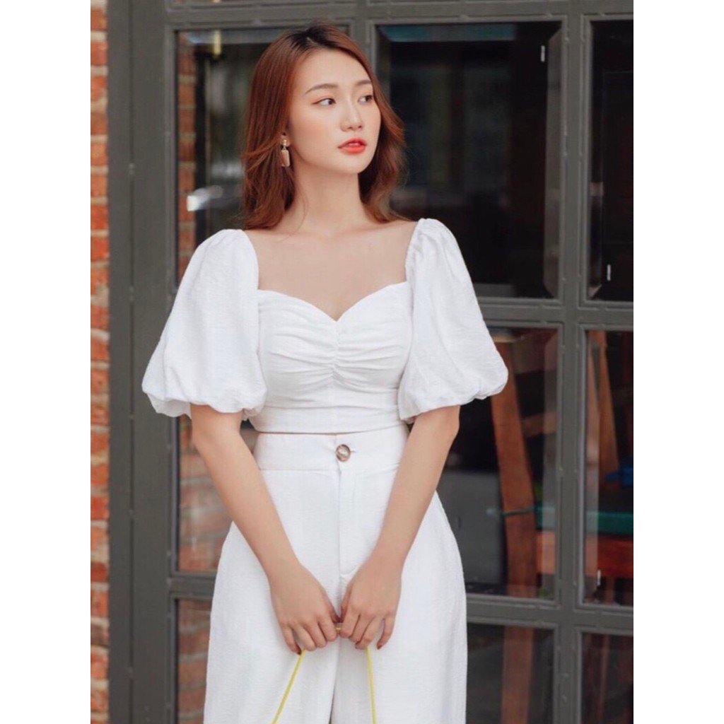Áo croptop nhún ngực tay phồng - Áo_croptop_tay_phồng