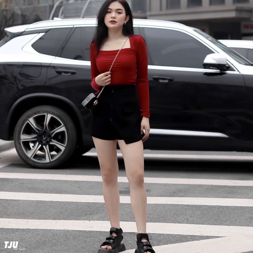 Áo nữ dài tay dáng ôm có đệm vai chất nhung ulzzang, Hàn Quốc, thiết kế T-Ju (áo Ara)