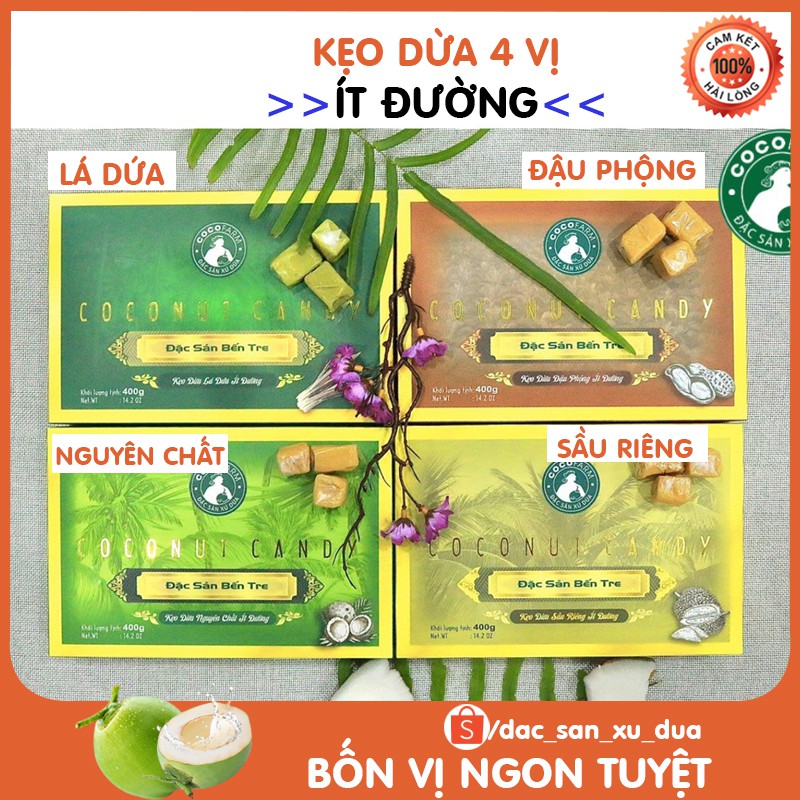 Kẹo dừa nguyên chất với 4 hương vị lá dứa, sầu riêng, đậu phộng và nguyên chất ít đường