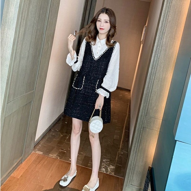 Váy dạ phối sơ mi trắng cổ V