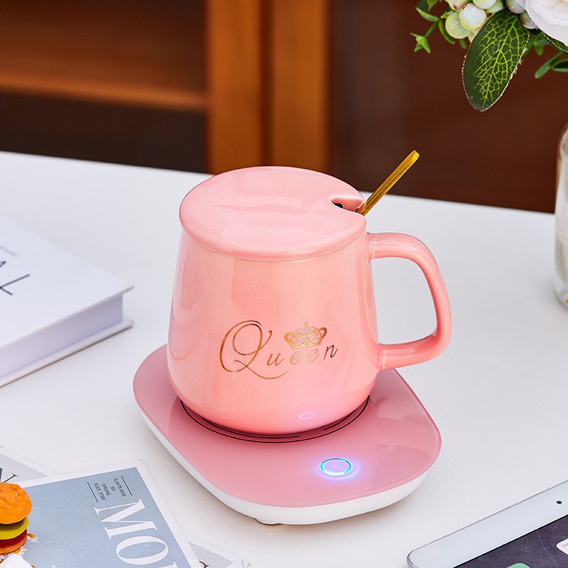 Ly cốc sứ uống trà cafe có nắp KING &amp; QUEEN kèm đế hâm nóng tự động cực đẹp