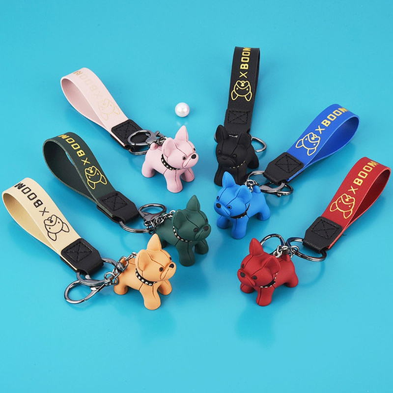 Cute Cartoon Puppy Keychains/ PU Leather Wristband Key Chain Bag Pendant/ Bulldog Soft Rubber Keyrings/ Bag Pendant Charm New Year Xmas Gifts
