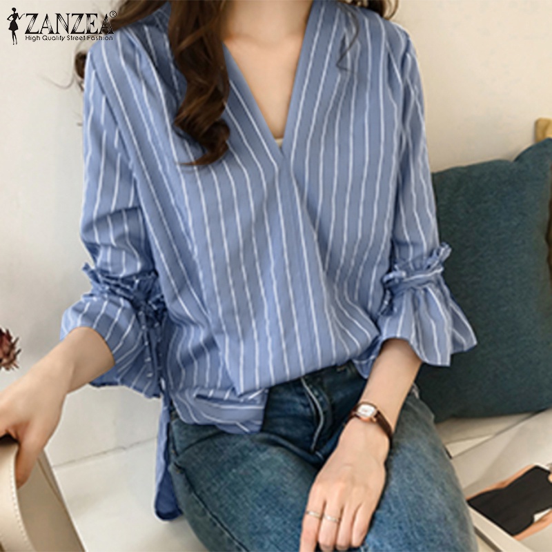 Áo kiểu ZANZEA cổ V tay áo 3/4 in sọc phong cách hè sành điệu cho nữ