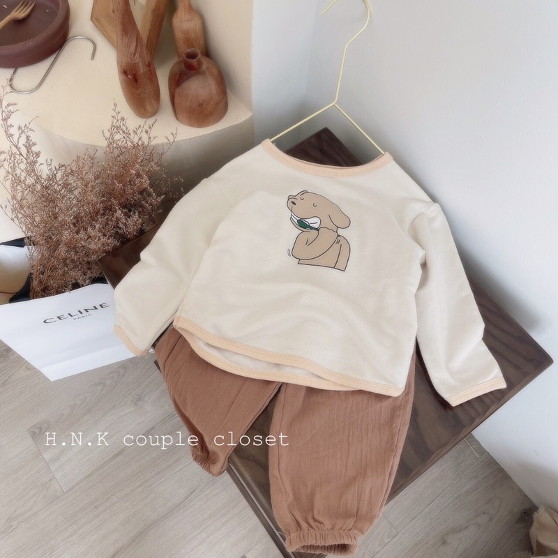 Bộ Đồ Dài Tay Bé Trai, Bé Gái 8-18kg Chất Cotton - Nỉ Mịn Áo Chạy Viền Phối Quần Đũi Hoạ Tiết In Gấu - AN.KID