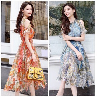 Đầm Nữ Hở Vai Thun Eo Họa Tiết Thanh Lịch