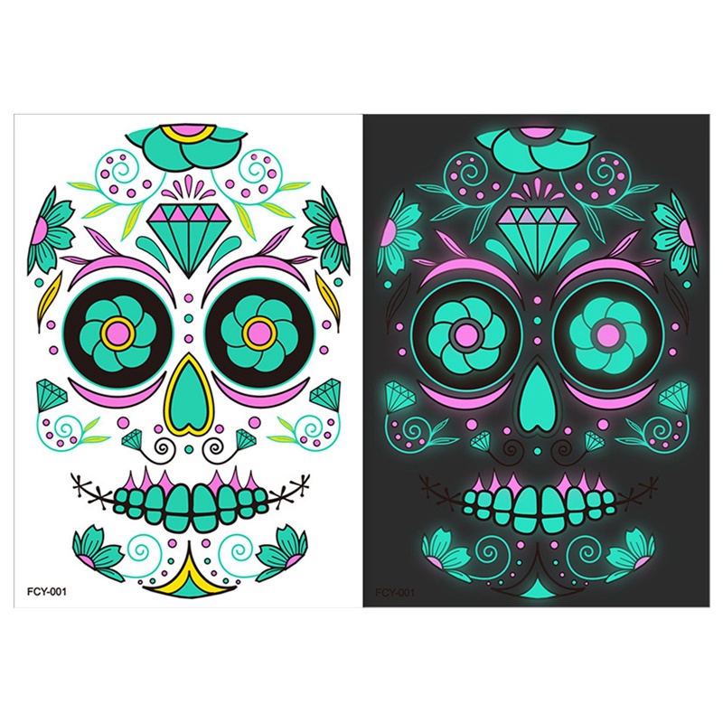 Ygt 1 Miếng Dán Hình Xăm Tạm Thời Họa Tiết Đầu Lâu Dạ Quang Chống Thấm Nước Trang Điểm Mặt Ngày Halloween
