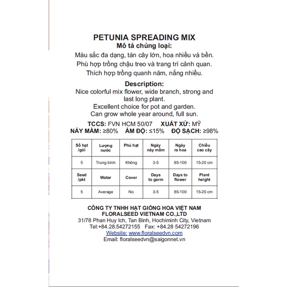 HẠT GIỐNG HOA DẠ YÊN THẢO RŨ NHIỀU MÀU FVN GÓI 5 HẠT - PETUNIA VENUS MIX