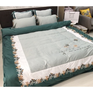 Bộ chăn ga gối lụa satin lá phong thêu hàng 6 món