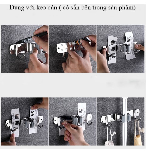 Bộ móc treo chổi, cây lau nhà, cọ chà toilet, khăn lau...chất liệu inox sus304-Tặng kèm keo dán và ốc vít
