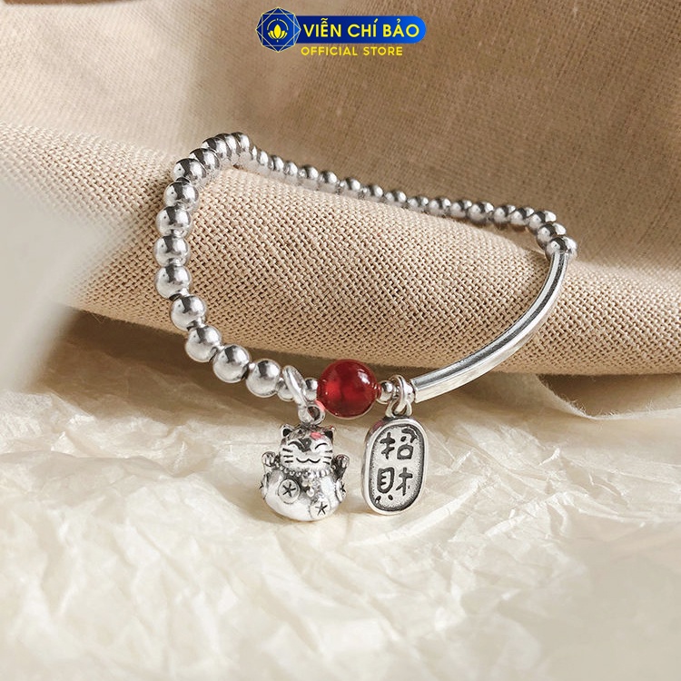 Lắc tay bi bạc nữ charm Mèo Thần Tài đá đỏ chất liệu bạc 925 thời trang phụ kiện trang sức nữ Viễn Chí Bảo L000110