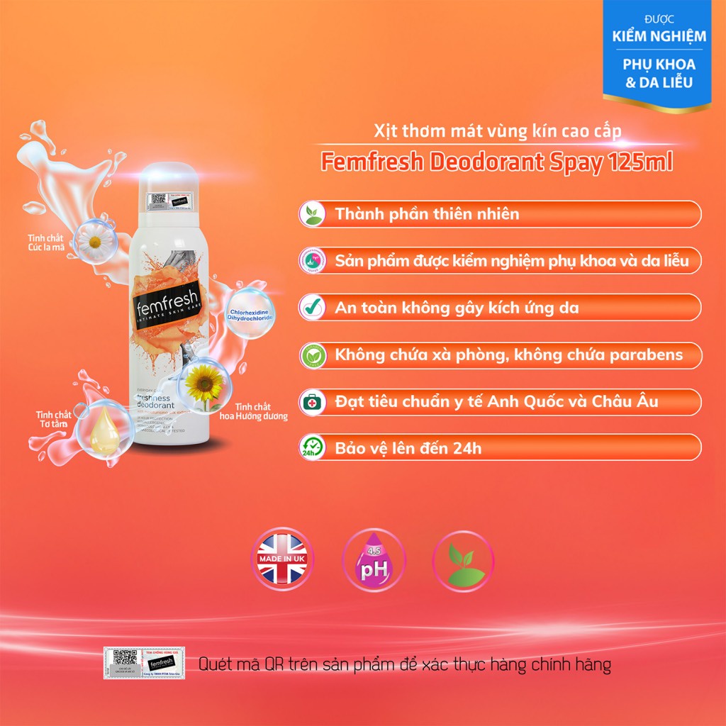 (Mẫu Mới )Xịt thơm mát vùng kín Femfresh 125ml Nhập khẩu Chính Hãng