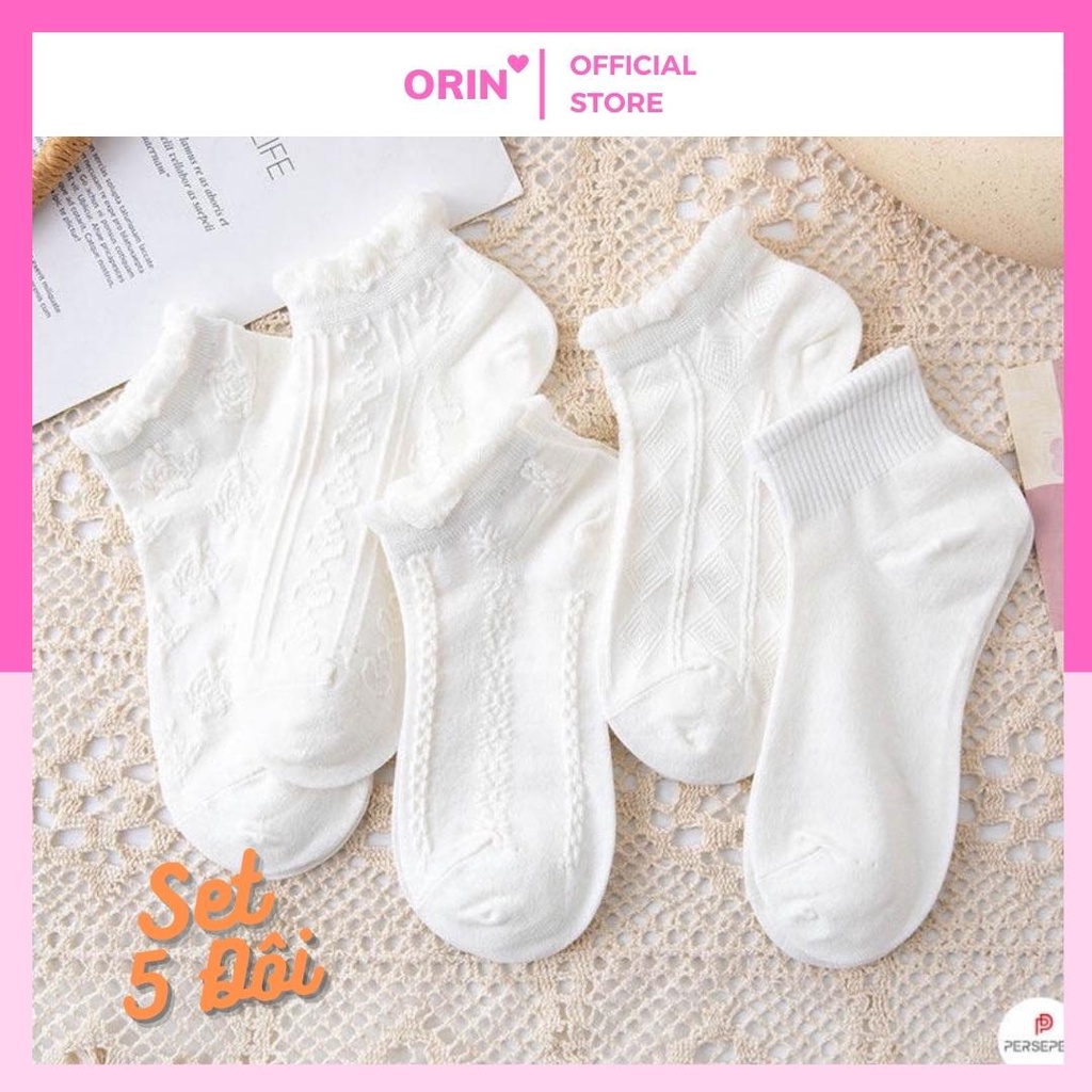 Tất nữ cổ ngắn chất liệu vải cotton, set 5 đôi tất vớ trắng phong cách Hàn Quốc dễ thương - Orin Store CR010