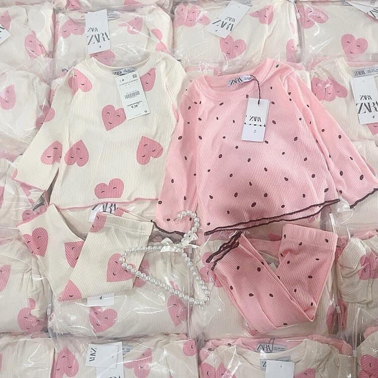 Bộ dài tay thu đông bé gái - Set 2 bộ dài tay  tăm họa tiết chất cotton cho bé gái size 1-6t