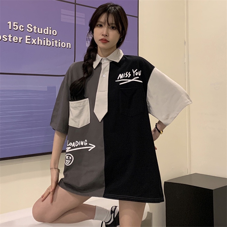 Áo Sơ Mi Cổ Polo Tay Ngắn Dáng Rộng In Họa Tiết Phong Cách Retro Mỹ Cho Nữ