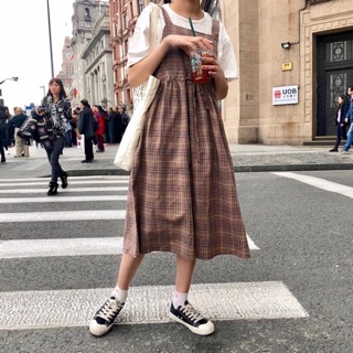 Váy yếm kẻ nâu ulzzang ỏder hình thật shop chụp