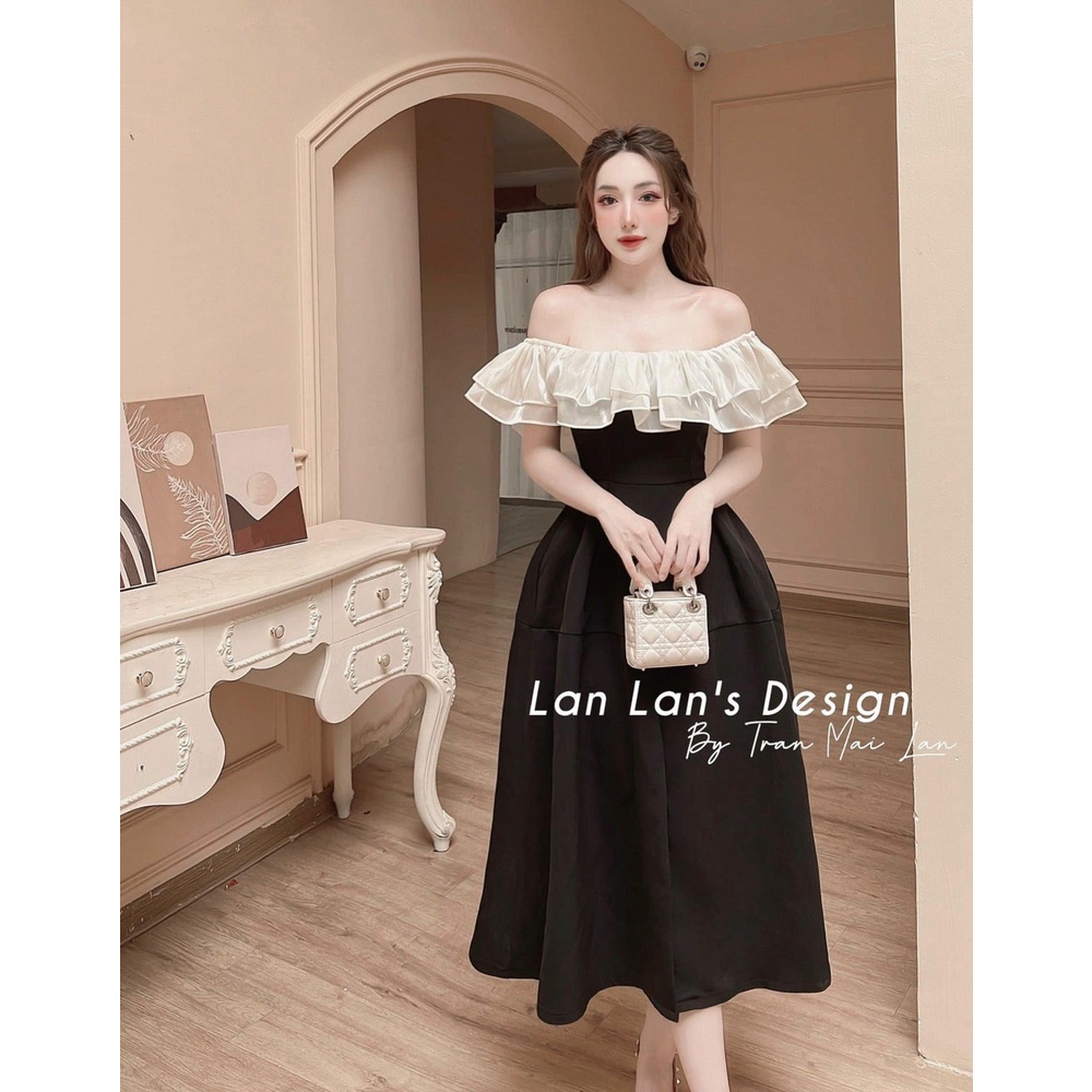 Đầm nữ thiết kế đi tiệc, đầm đen trễ vai phối tay voan, đầm tiểu thư bẹt vai bèo dáng dài xẻ tà quyến rũ,sang trọng