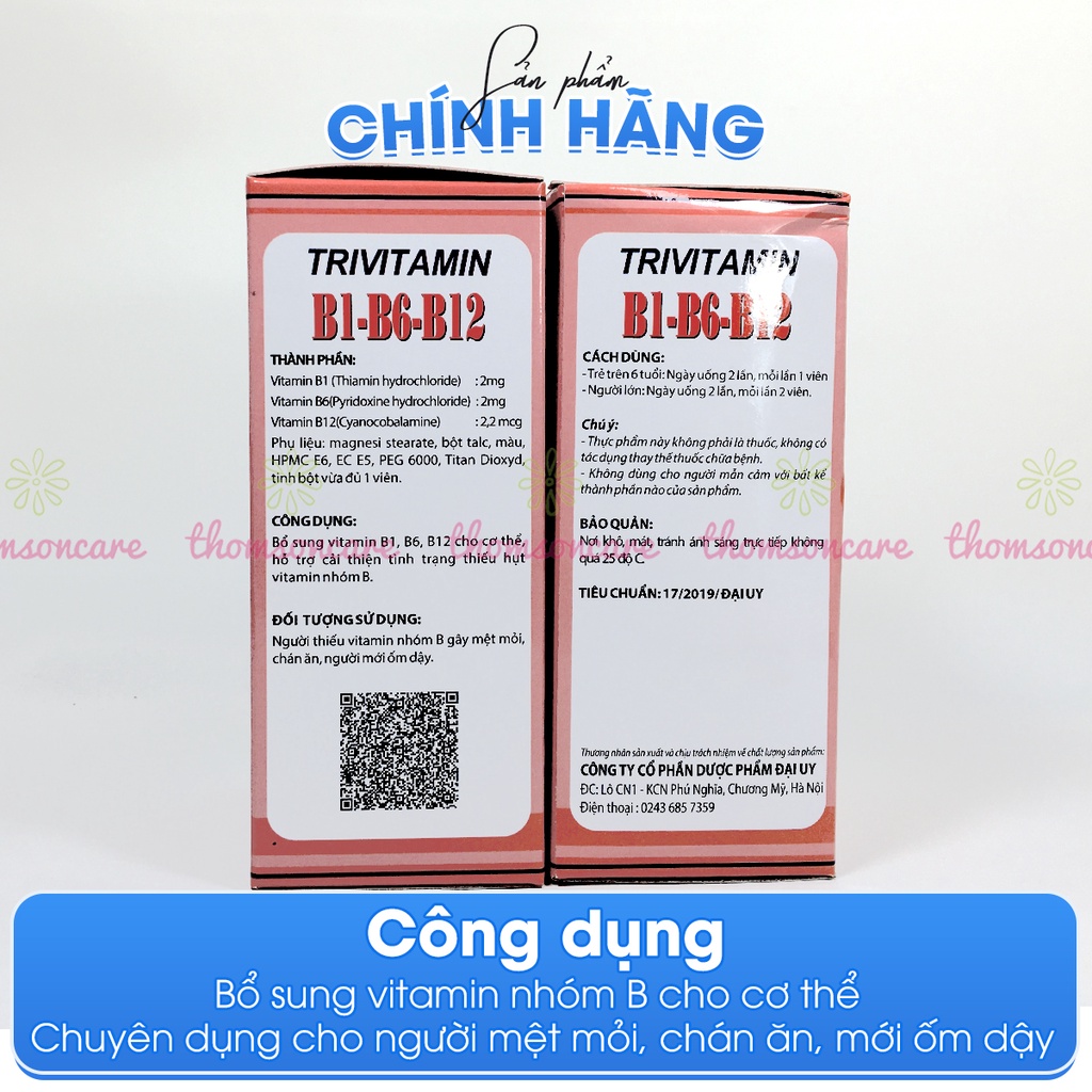 Vitamin 3B Trivitamin Hộp 100 Viên Nén Đ.Y - Bổ Sung Vitamin Nhóm B B1 - B6 - B12 Giúp Tăng Cường Sức Đề Kháng