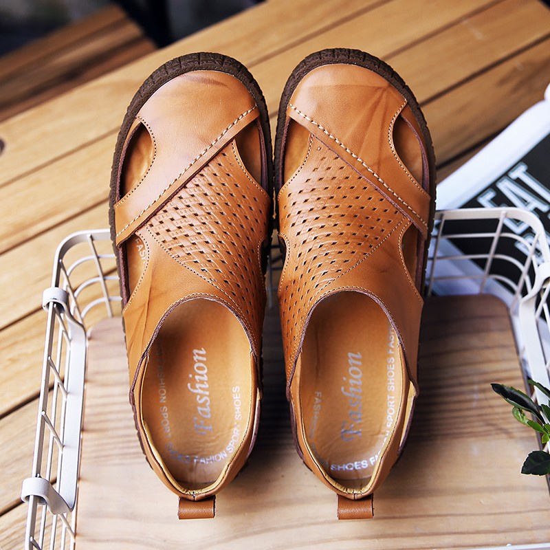 Yttfw5 Giày Sandal Da Thoáng Khí Đi Biển Mùa Hè Màu Nâu Lelaki Giản Dị Dành Cho Nam Đi Chơi Trong Nhà & Ngoài Trời