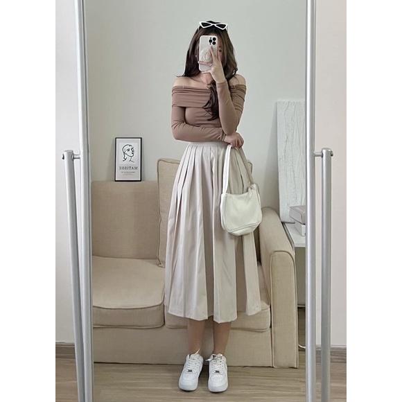 Chân váy midi xếp ly chun sau cạp khoá