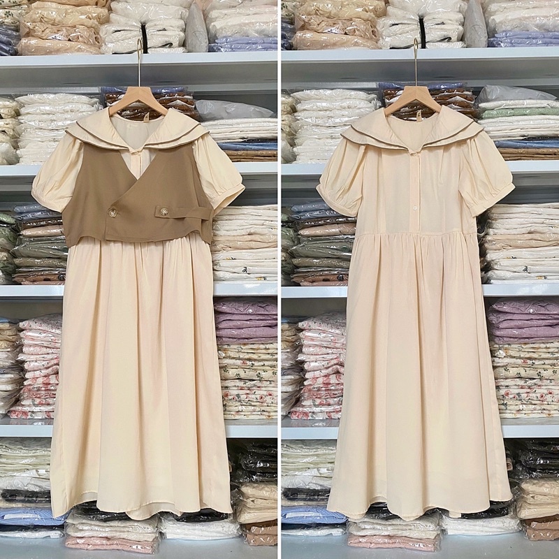 Set váy midi dáng dài phối gile cài cúc sườn đầm style Hàn Quốc chuzme