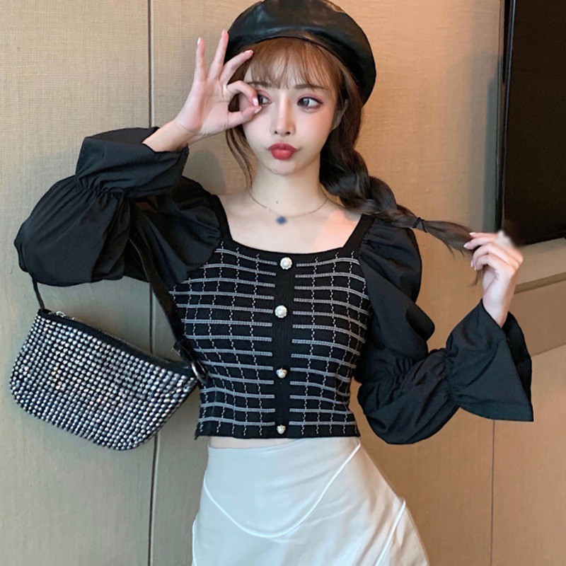 Áo Kiểu Nữ Ca Rô Dài Tay Cổ Tròn Thời Trang