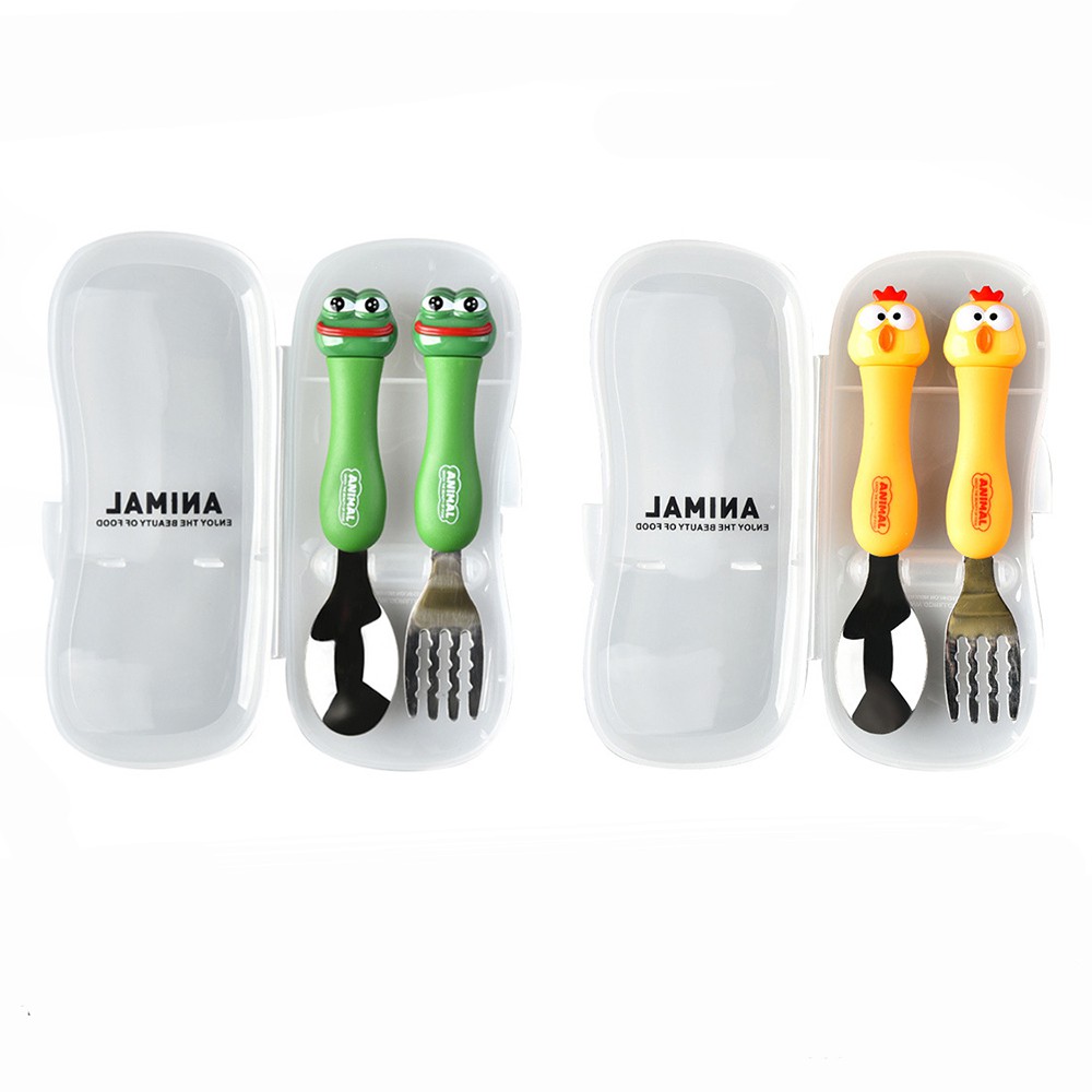 Set Thìa Dĩa inox 304 - Cán Hình Ếch Gà Đáng Yêu - Tặng Hộp Sạch Sẽ