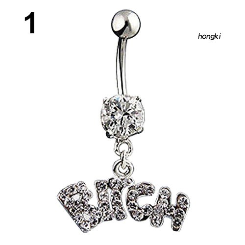 Khuyên rốn đính đá pha lê chữ bitch chất liệu thép y tế