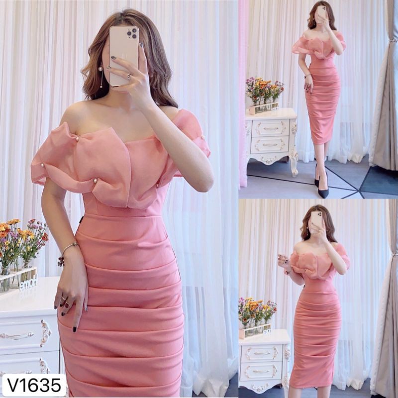 [Váy Đi Tiệc Cao Cấp] Váy Vai Trễ Đầm Dáng Ôm Chất Voan Lụa Bóng Sang Trọng | BigBuy360 - bigbuy360.vn