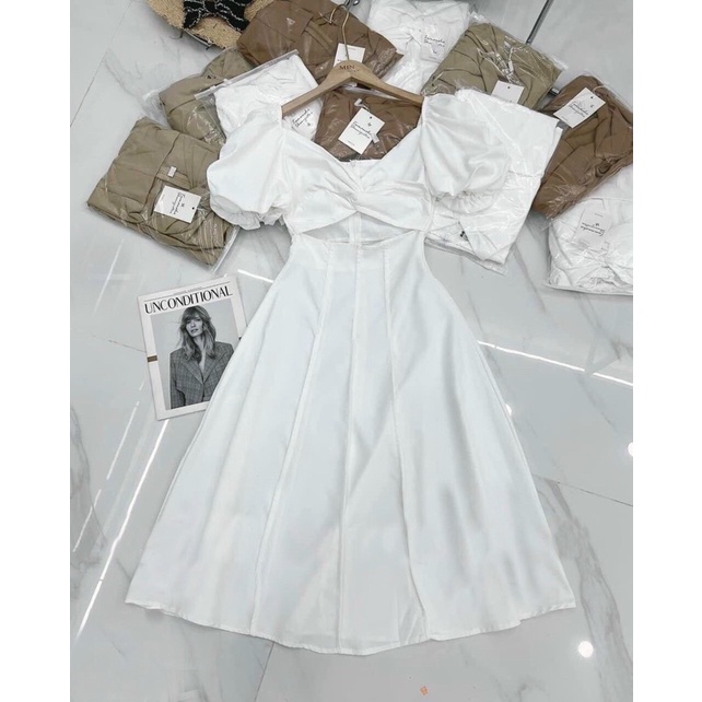 Đầm váy tay phông xoắn ngực hở eo form dài hồng neon nude trắng