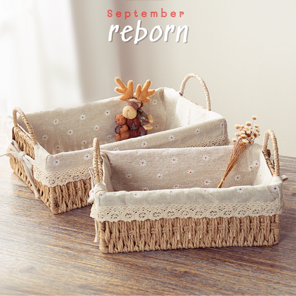 Giỏ mây đựng đồ, lót vải hoa nhí có quai vintage, đựng đồ đa năng , phụ kiện decor nhà cửa mang picnic