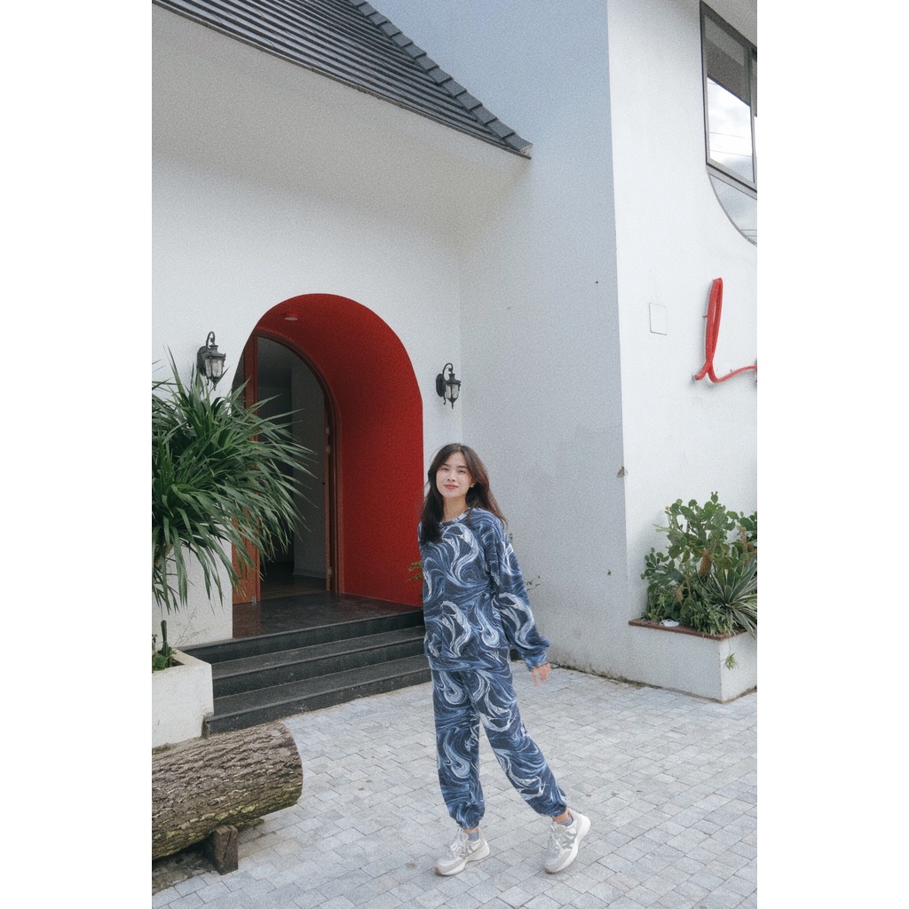 Bộ Nỉ Loang Nữ - Set mùa đông quần ống bo kèm áo tay bồng form rộng, thiết kế đơn giản, bắt mắt HOT