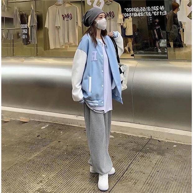 Bomber ❤️❤️ Áo khoác bomber nữ bóng chày varsity họa tiết chữ R xanh cao cấp nam nữ mùa đông vải nỉ hàn quốc giá rẻ