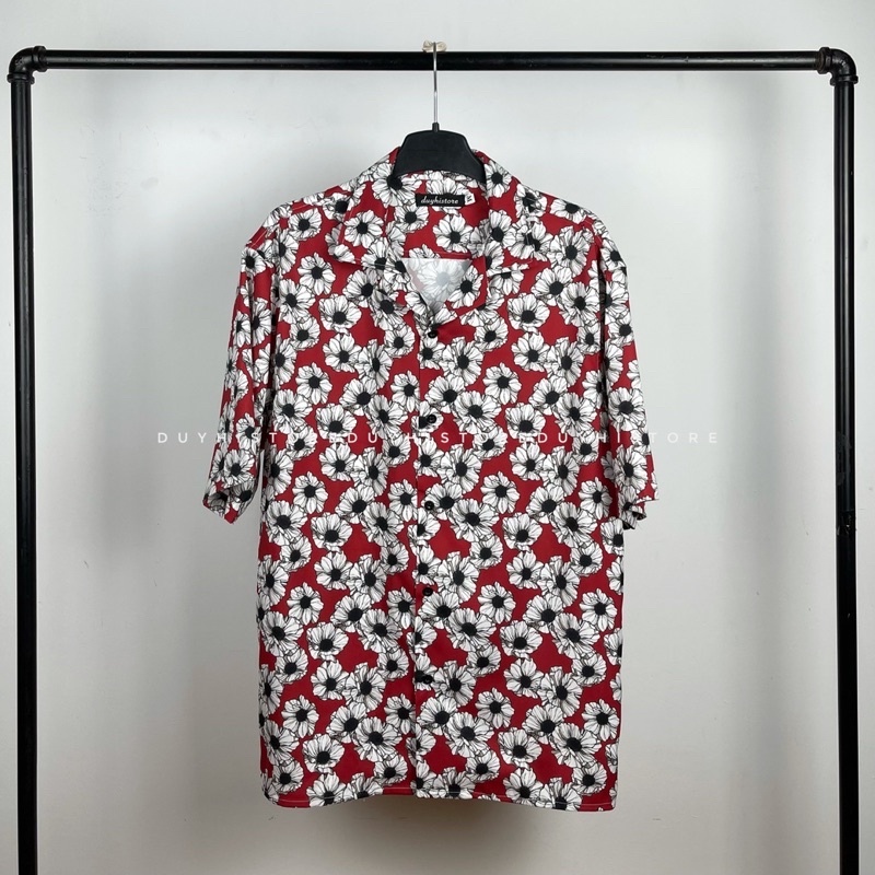 Áo sơ mi cộc tay unisex form rộng họa tiết ĐỎ HOA TRẮNG cho nam nữ | DUYHI | Ảnh thật