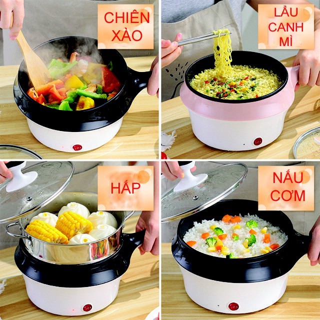 [CÓ BẢO HÀNH-TẶNG LỒNG HẤP] Ca nấu mì nồi lẩu điện mini có lồng hấp 18cm 2 lớp- ca nấu mì siêu tốc -Nồi lẩu điện ca mì c