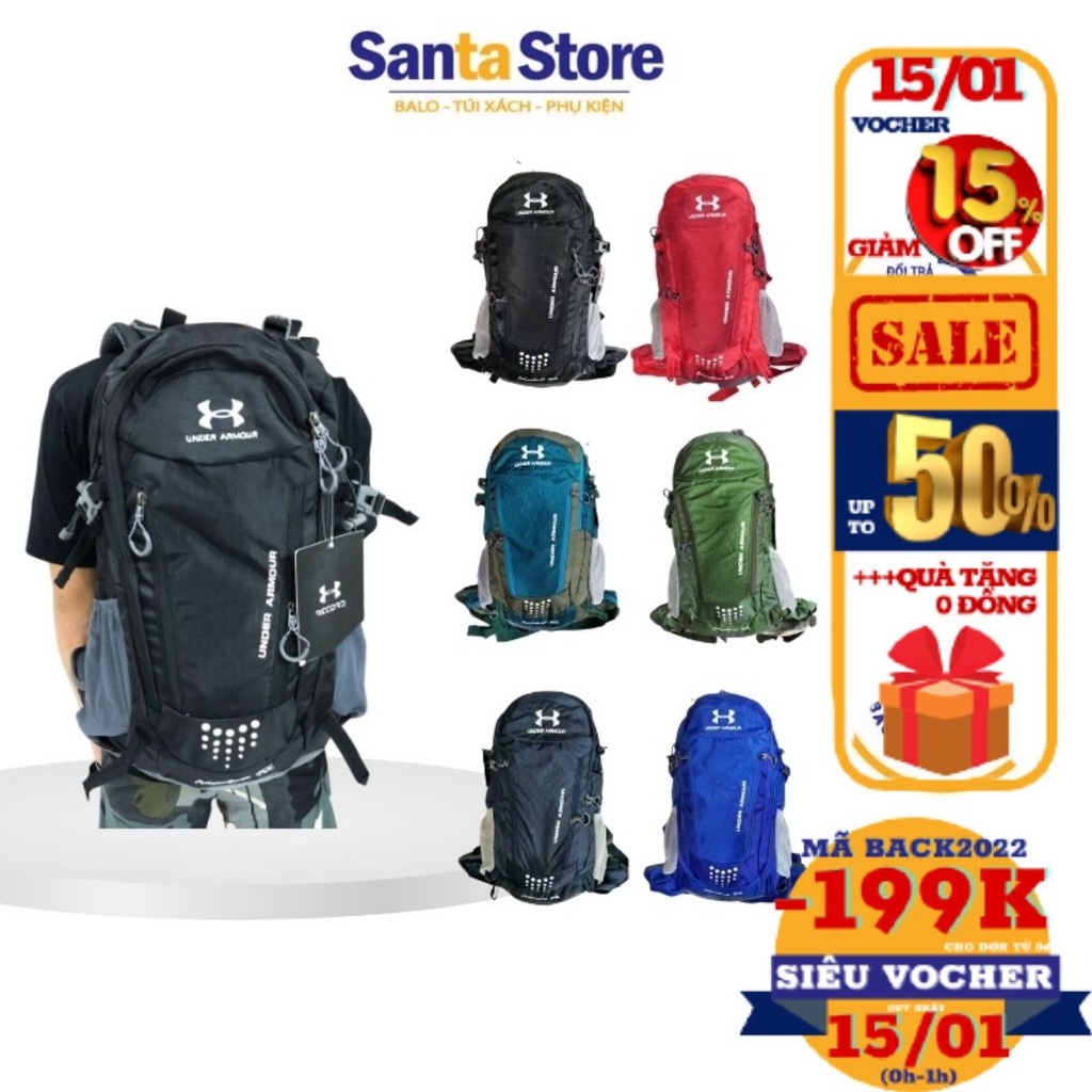 Balo nam thể thao du lịch thời trang cao cấp UA dung tích 40L SANTA STORE đi dã ngoại trekking, có ngăn đựng laptop