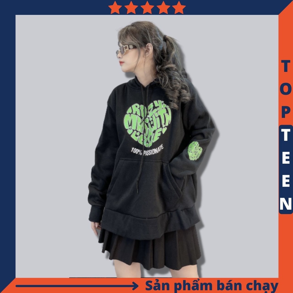 Áo hoodie nỉ bông form rộng hàng quảng châu dày dặn áo chuôi đầu nam nữ unisex in TIM CHỮ XANH LÁ - TOPTEEN 3429