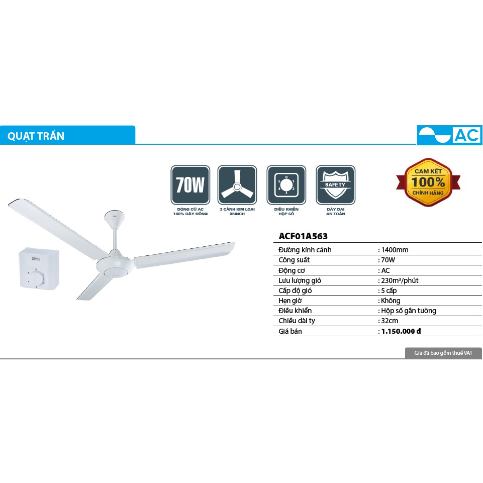 QUẠT TRẦN 3 CÁNH ACF01A563 HÀNG CHÍNH HÃNG AC