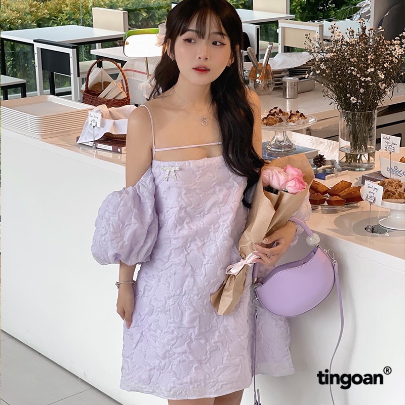 TINGOAN® - Váy hai dây tay bồng vân hoa 3 lớp dây ngang ngực bồng xòe đính nơ kim loại tím SLEEPING BEAUTY DRESS