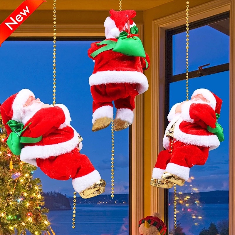 Phụ kiện trang trí cây thông giáng sinh hình ông già noel xỏ hạt leo trèo chạy điện phát nhạc