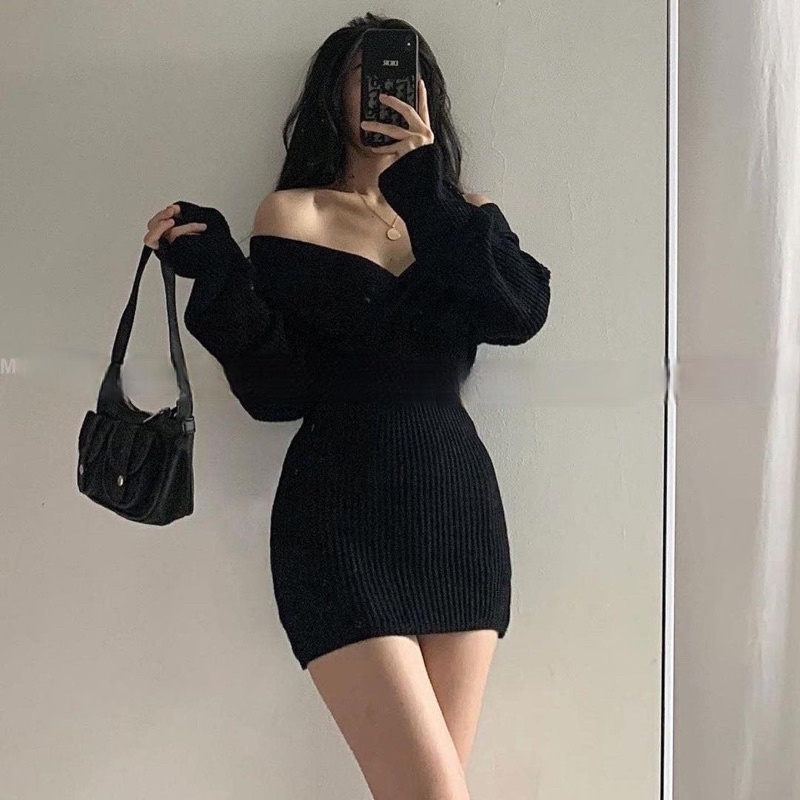 Váy đầm trễ vai tay dài thun gân tăm siêu sexyy - by SugarG