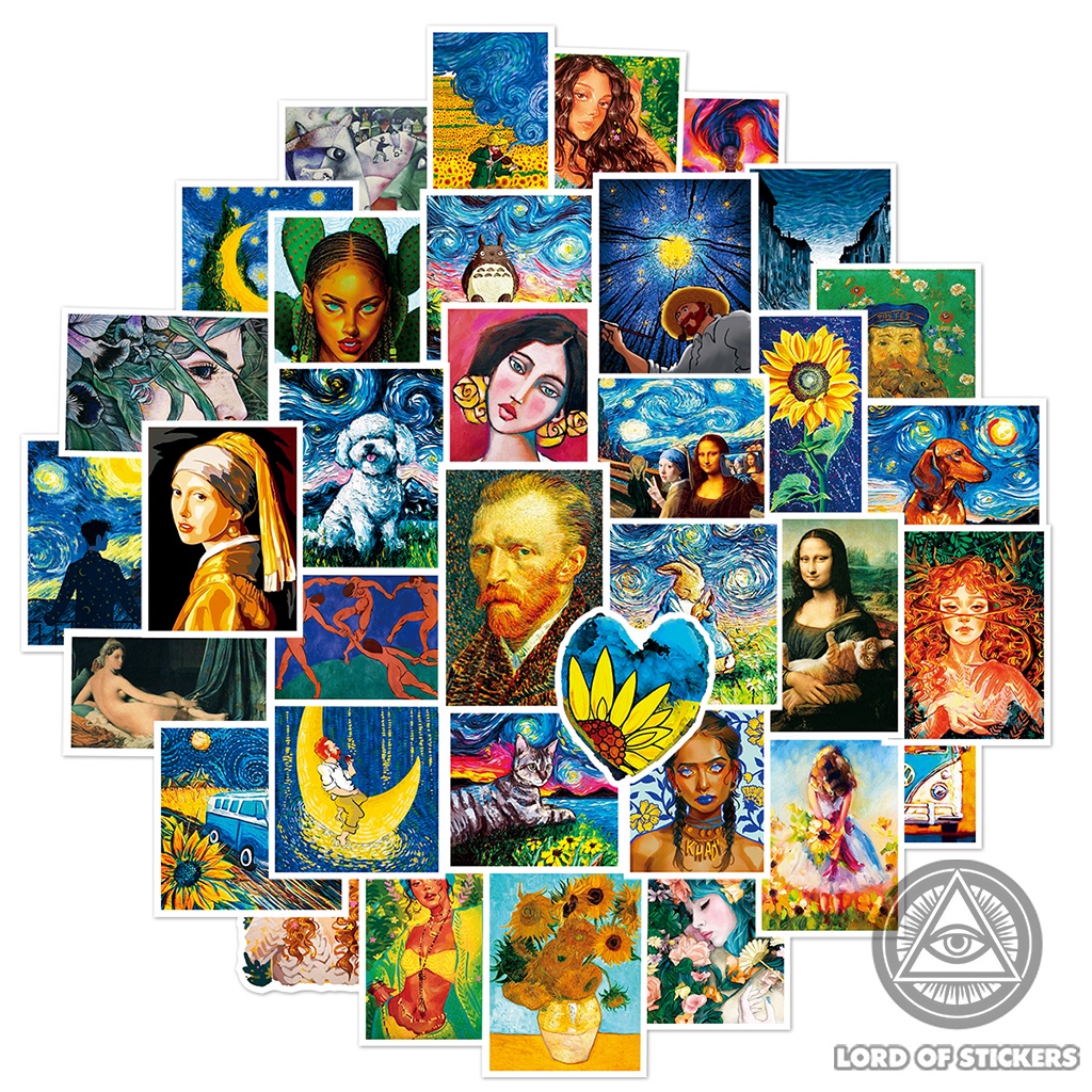 Set 50 Hình Dán Sticker Tranh Nghệ Thuật Van Gogh Chống Thấm Nước Trang Trí Mũ Bảo Hiểm, Ván Trượt, Laptop, Vali, Xe, Sổ