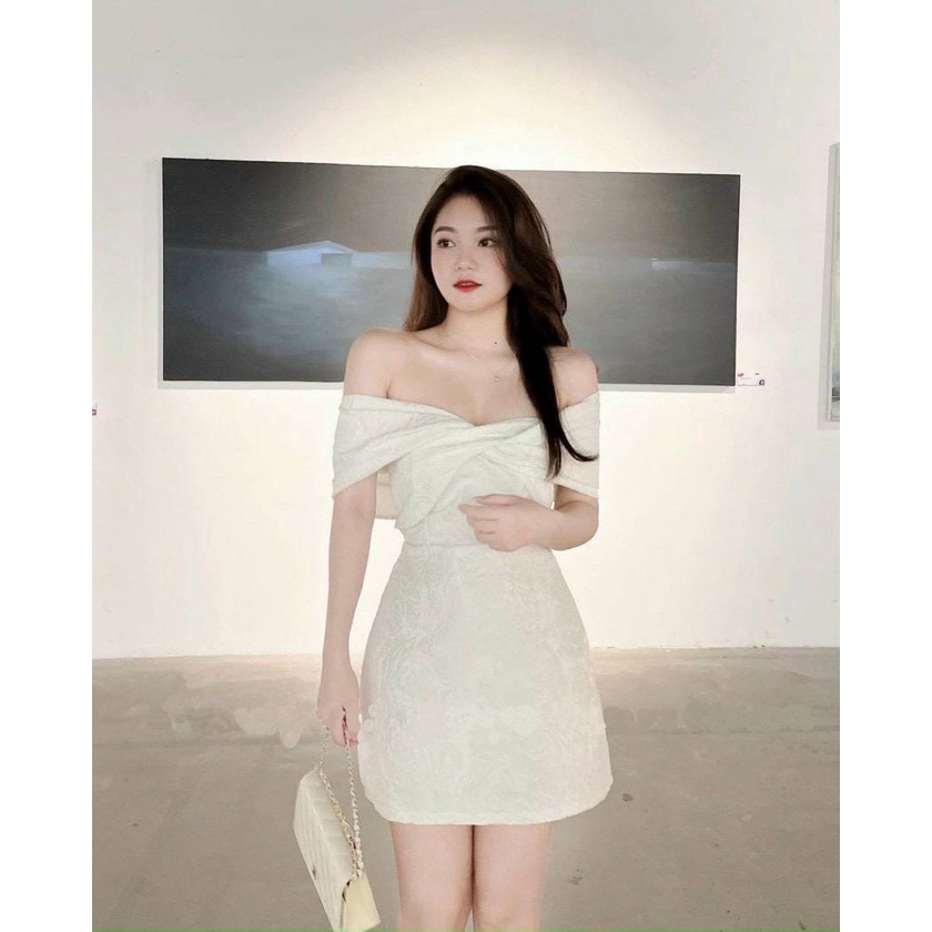 Đầm Dự Tiệc Dáng Ngắn Sexy Thiết Kế Trễ Vai Nơ Xoắn Chất Liệu Gấm Màu Trắng  | ROSE CLOTHING D0610