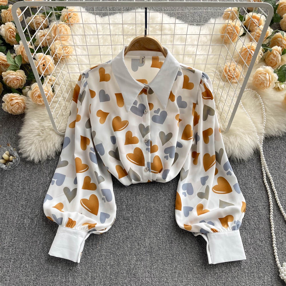 Áo sơ mi BH chiffon tay dài dáng rộng in họa tiết trái tim kiểu Hàn Quốc thời trang 2022 cho nữ