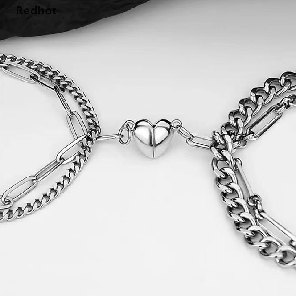 &lt; Redhot &gt; Vòng Tay Dây Xích Màu Bạc Khóa Nam Châm Hình Trái Tim Thời Trang Cho Cặp Đôi Nam Nữ